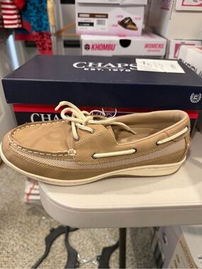 Chaps Women’s Dana Slip On Boat Shoes Tan Nubuck Size 8 M US